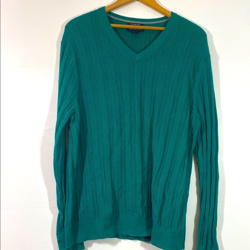 Land’s End 100% Supima Cotton Teal Textured Knit V-Neck Sweater Size XL